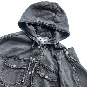 Zenana Women's M Gray Black Wash Denim Button Snap Cropped Hood Oversized Jacket